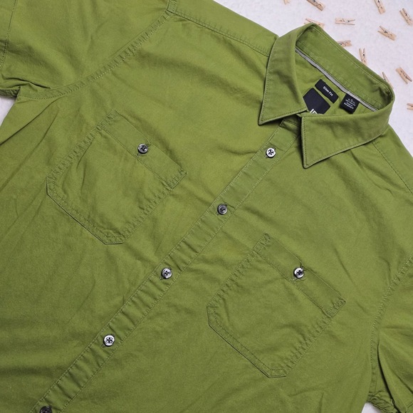 J Ferrar Slim Fit Button Up Shirt Size M 15.5 Green Short Sleeve Casual Modern - Picture 1 of 13